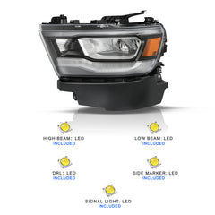 VehicleAid Full LED Headlights For 2019-2024 for Dodge RAM 1500 Rebel/Laramie