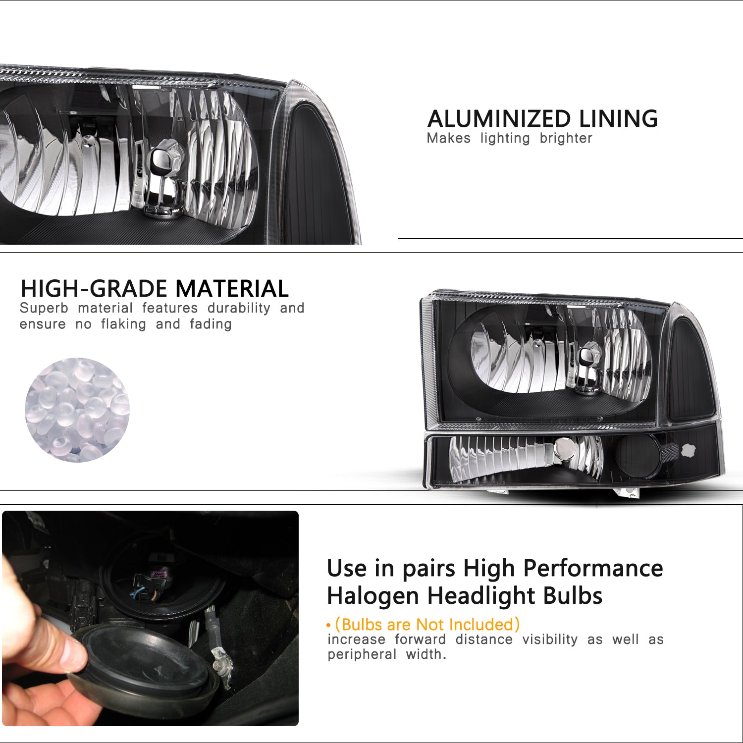 VehicleAid Headlights For 1999-2004 Ford F250 / F350 / F450 / F550 Super Duty