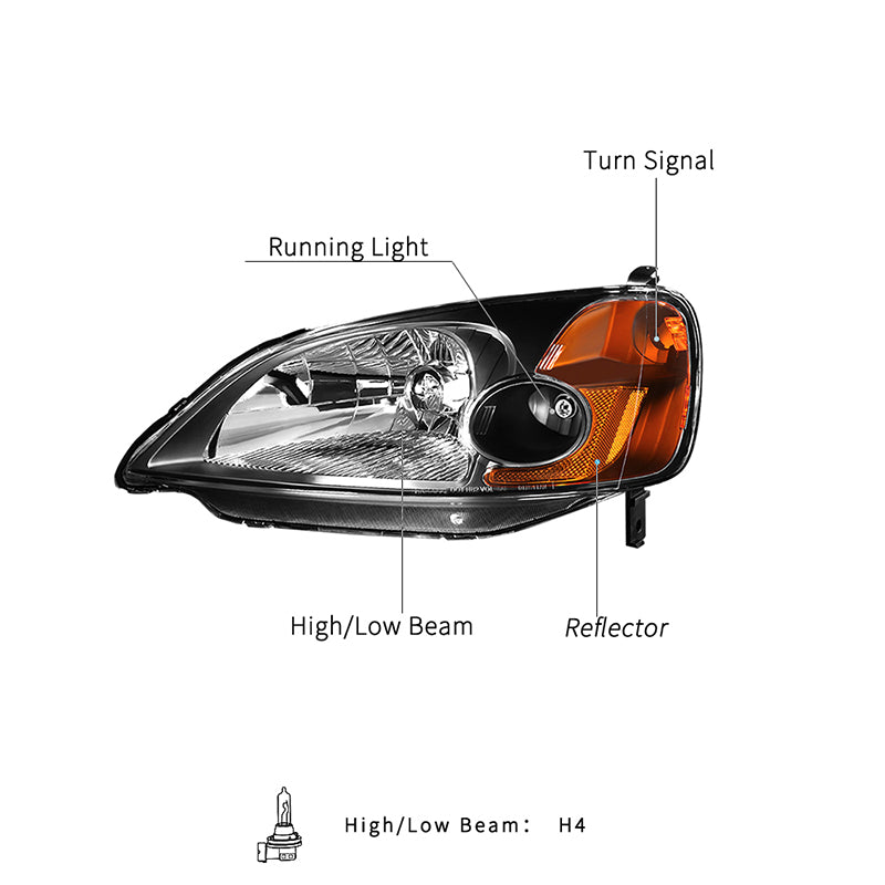 VehicleAid Headlights For 2001-2003 Honda Civic