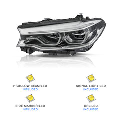 VehicleAid Full LED Headlights For 2017-2020 BMW 5 Series G30 G31 M5 540i 530i w/LED DRL