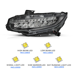 VehicleAid Headlights For 2016-2021 Honda Civic Factory Full LED Model