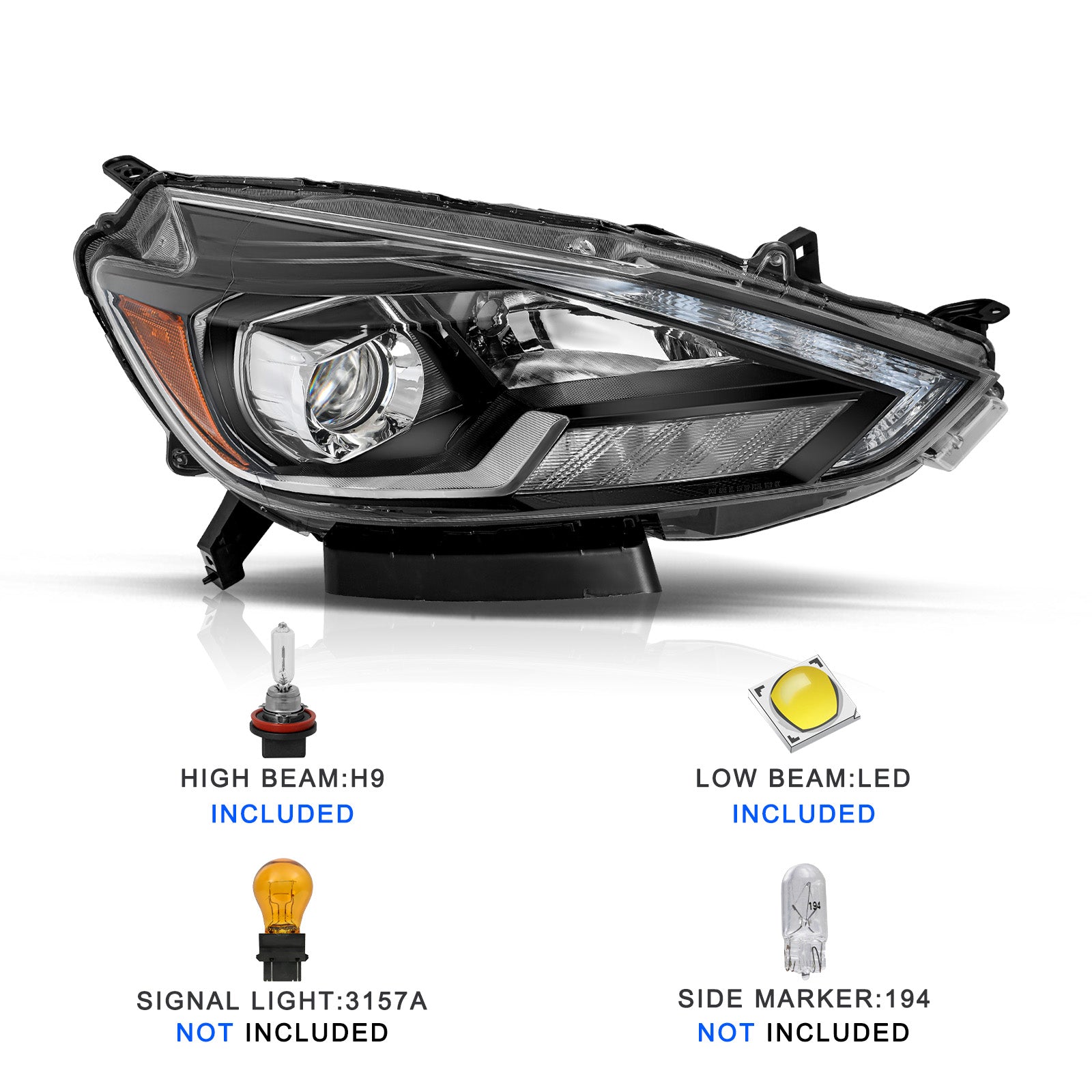 LED Projector Headlight Assembly For 2016-2019 Nissan Sentra – Left Driver Side – Black Housing